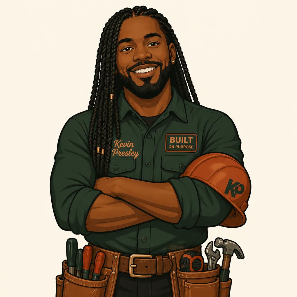 Cartoon avatar of Kevin Presley, owner of Mountain Way Contracting, with long box braids and a tool belt