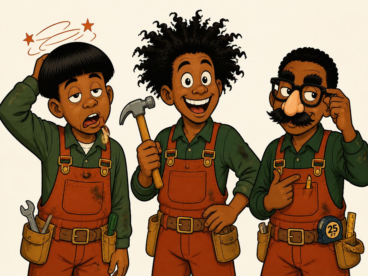 Cartoon illustration of brothers Bo, Ro and Kojo in work overalls, with Kojo wearing a fake nose, glasses and mustache disguise